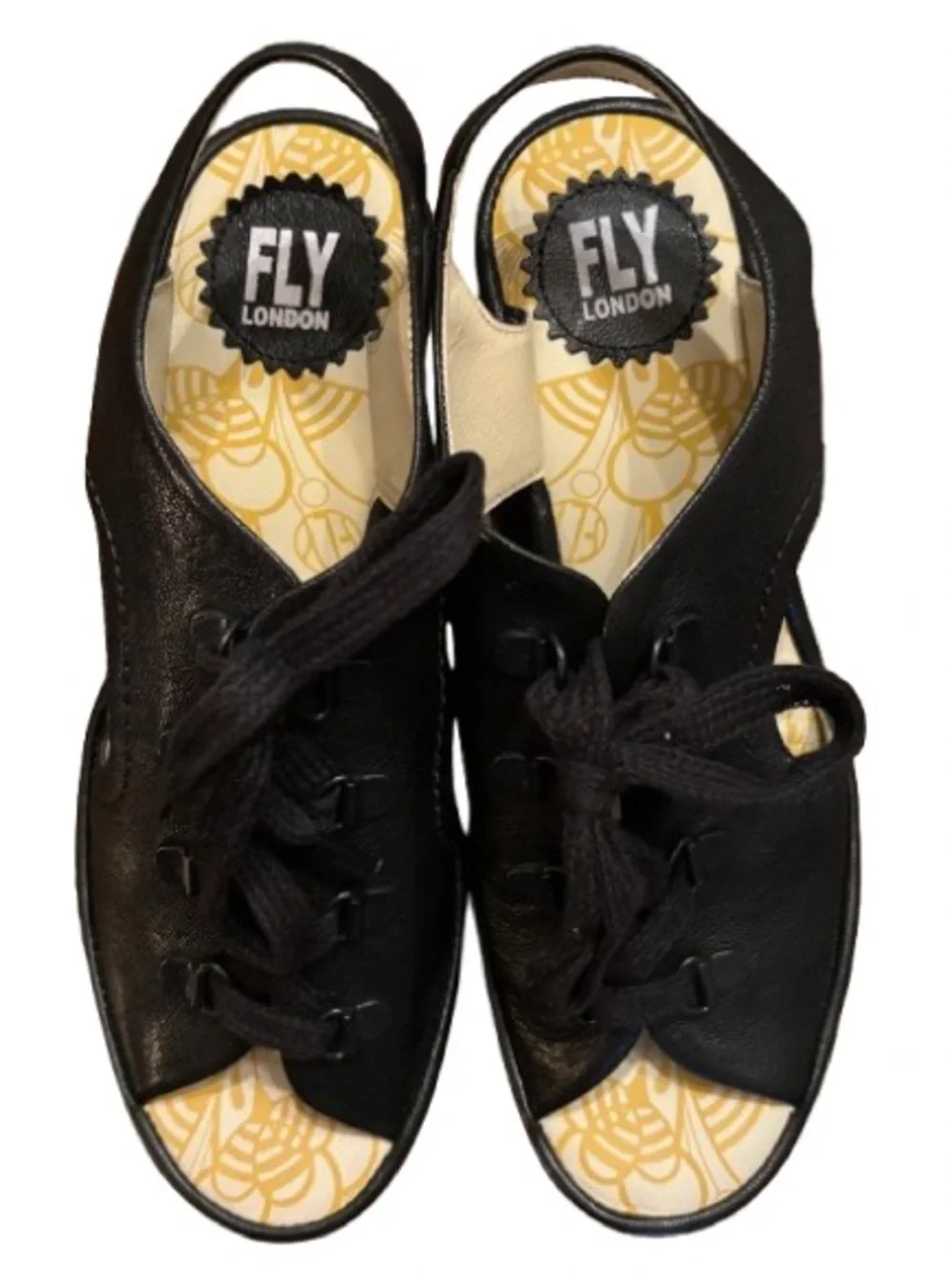 Fly London Ylfa Mousse Black Leather Lace-Up Wedge Sandals Size 38 (US 7.5-8)
